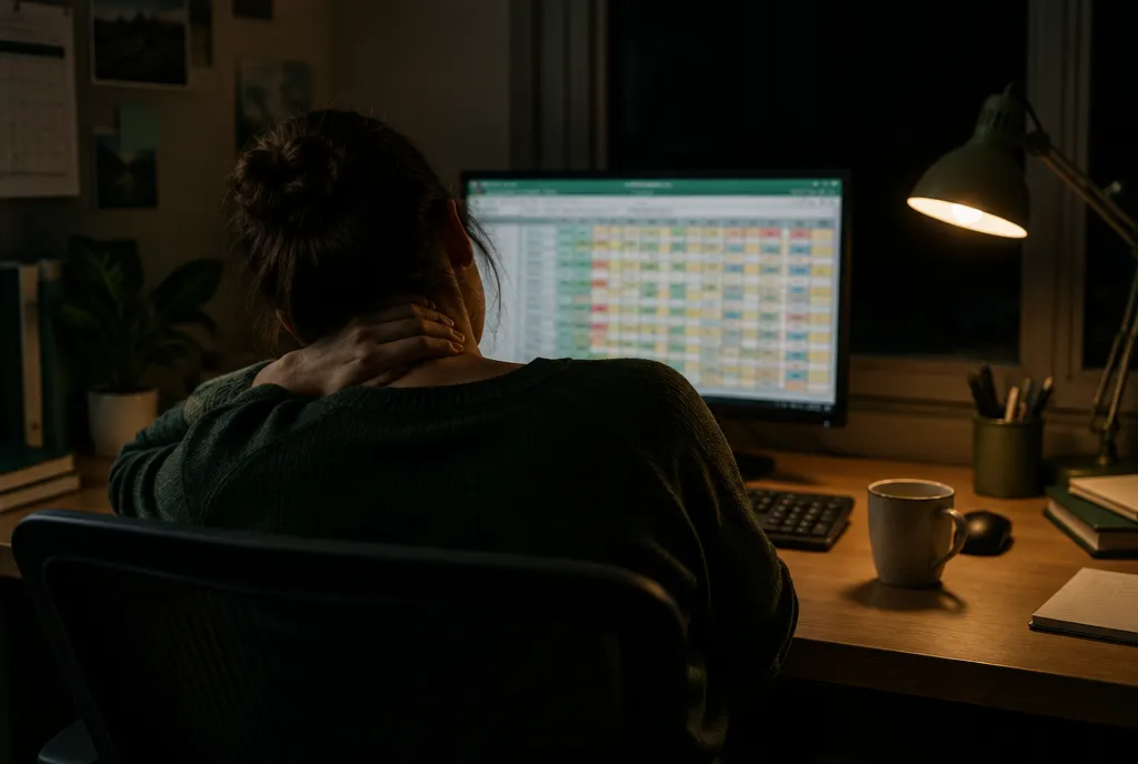 Symbolbild Dienstplanung in Excel: erschöpfte Fachkraft sitzt nach Feierabend im Licht der Schreibtischlampe vor einem Schichtplan am Bildschirm